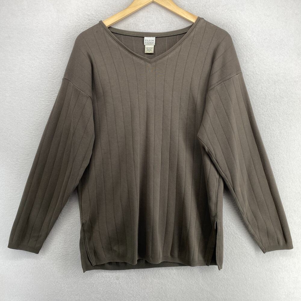 EILEEN FISHER Sweater S Cotton Ribbed Top V-Neck Long Sleeve Pullover Brown VTG